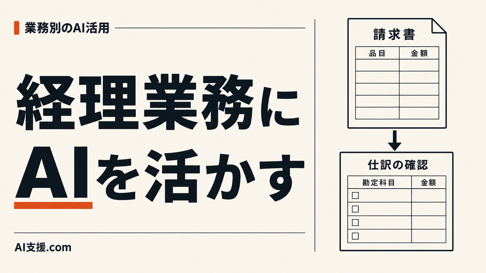「経理業務にAIを活かす」の見出しと、請求書から仕訳を確認する図。AI生成イラスト。