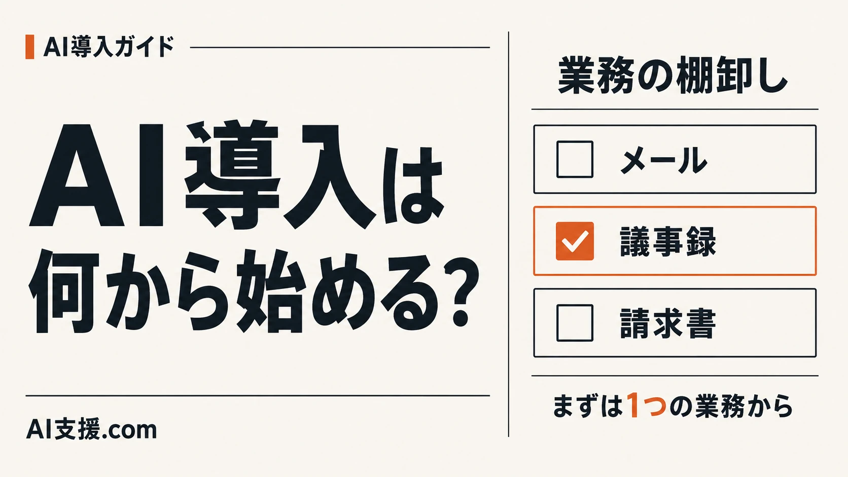 「AI導入は何から始める?」の見出しと、業務一覧から1業務を選択する図。AI生成イラスト。